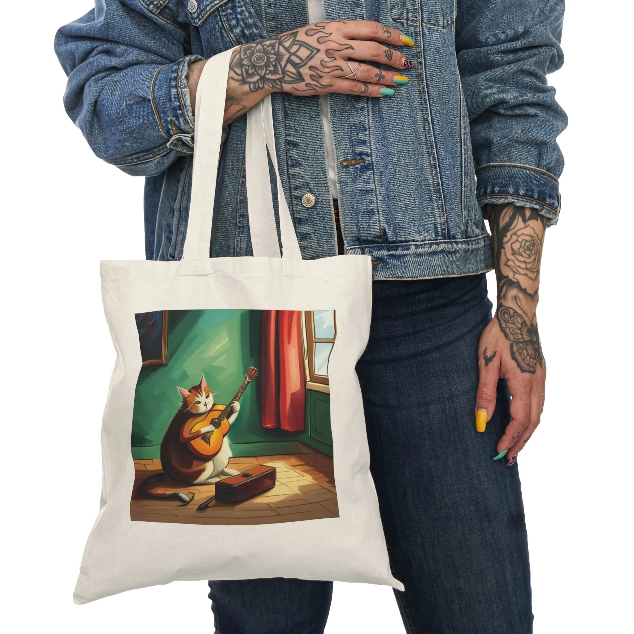 Cat playing a guitar - Natural Tote Bag ~ Sharon Dawn Collection