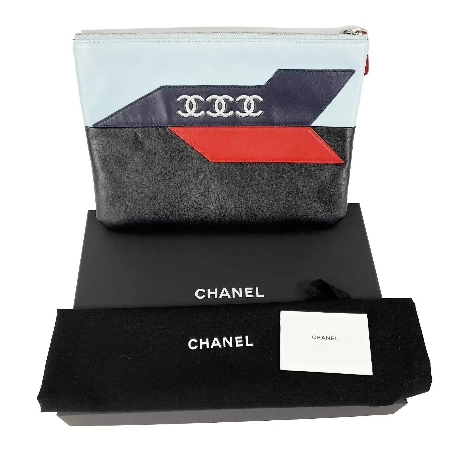 CHANEL - 16P Medium Airline Lambskin Leather Pouch /Clutch - Blue Red Black - CC