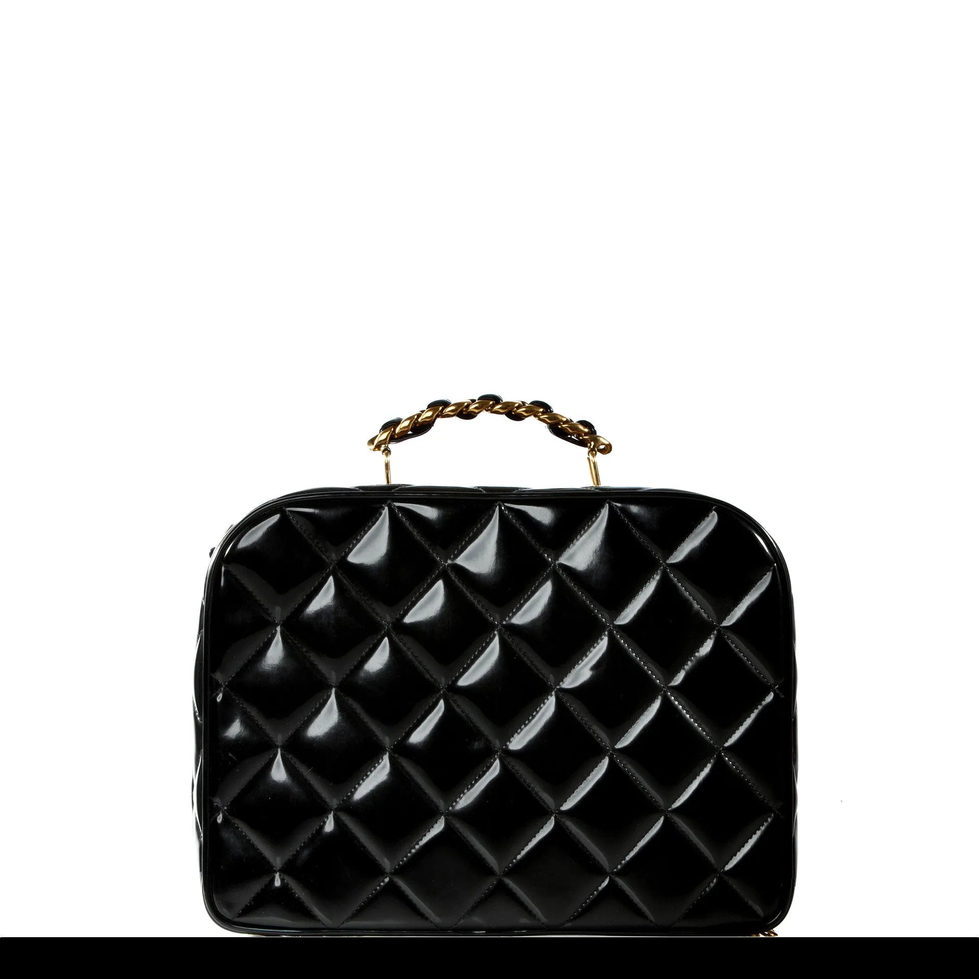 Chanel Vintage 1990's Black Quilted Patent Vanity Shoulder Bag