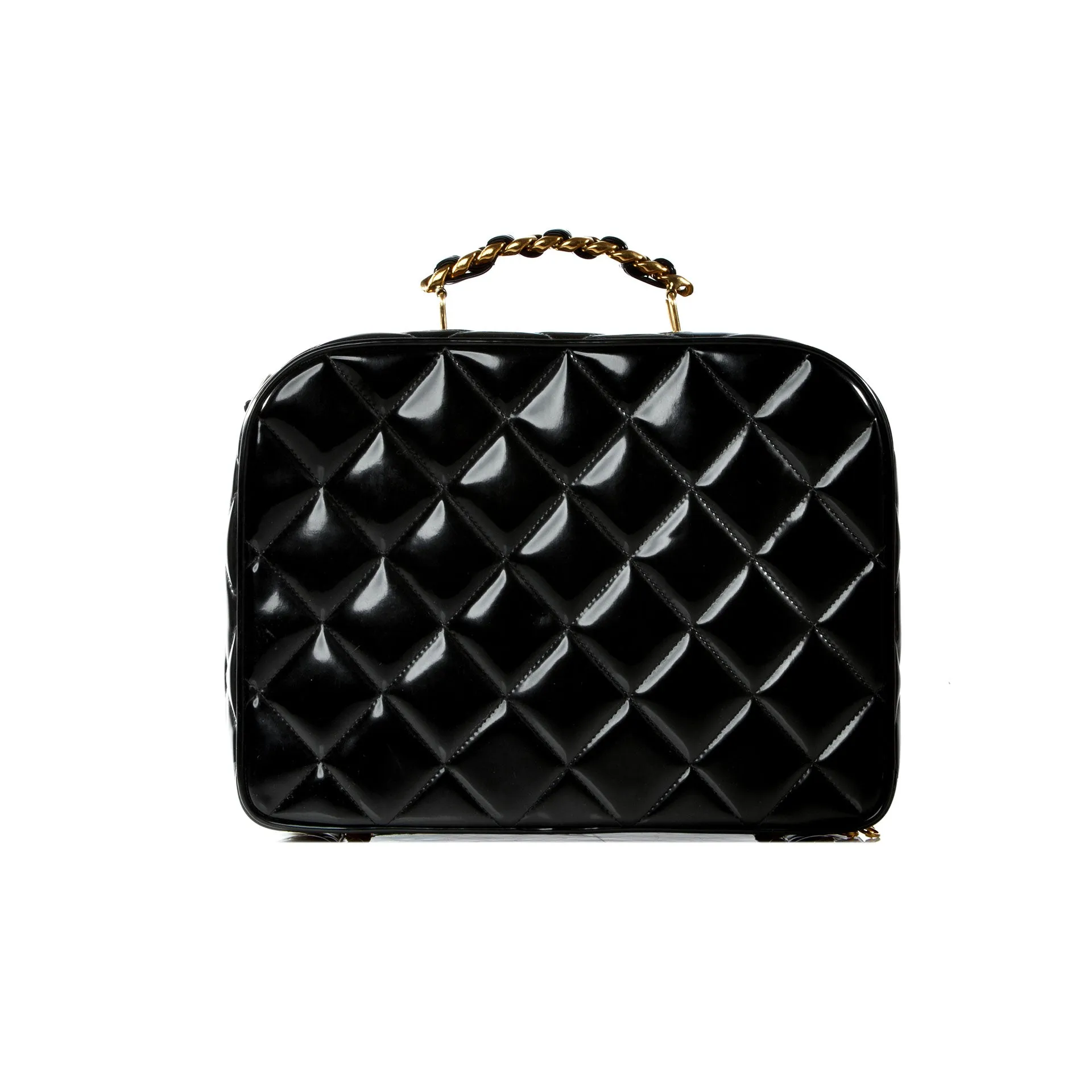 Chanel Vintage 1990's Black Quilted Patent Vanity Shoulder Bag