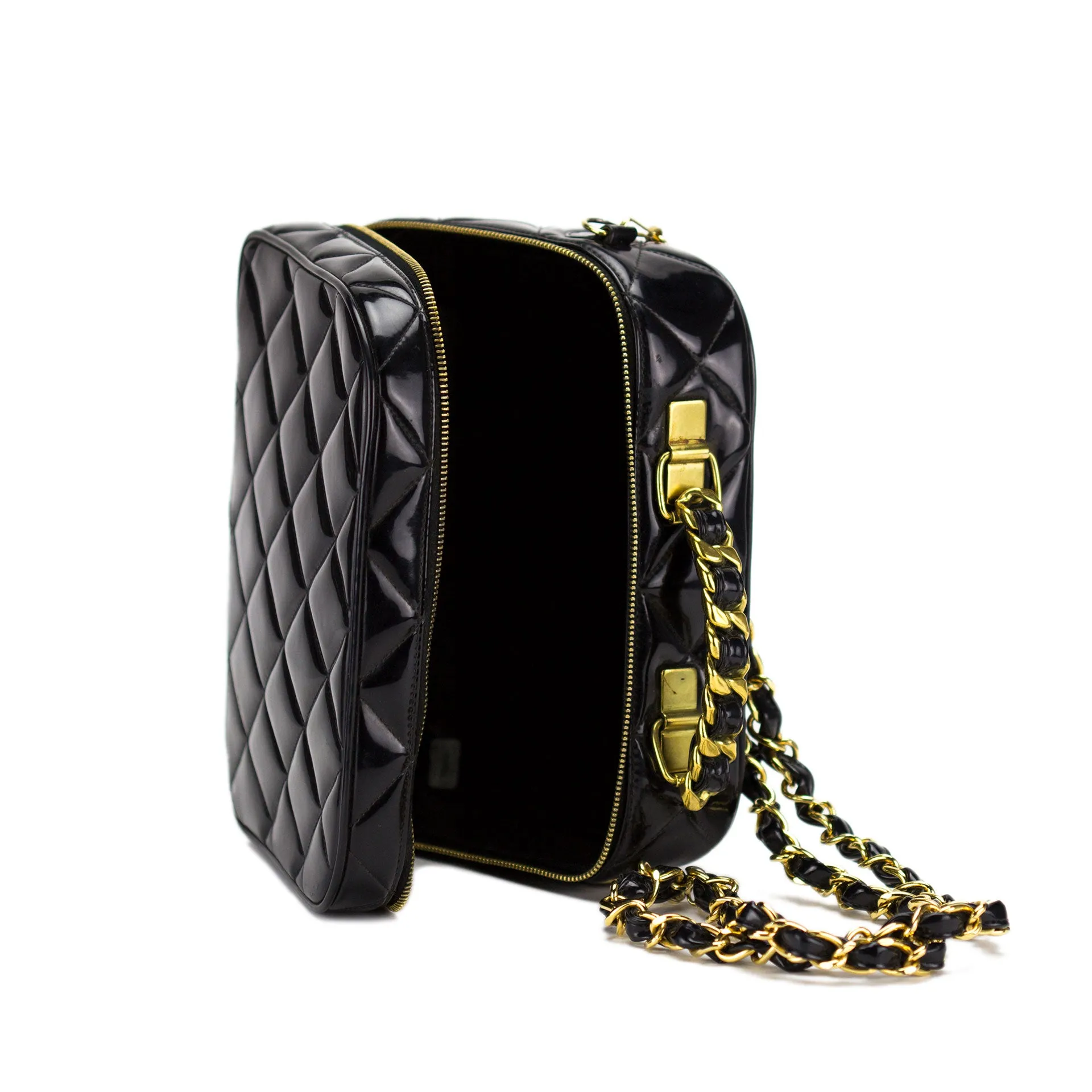 Chanel Vintage 1990's Black Quilted Patent Vanity Shoulder Bag