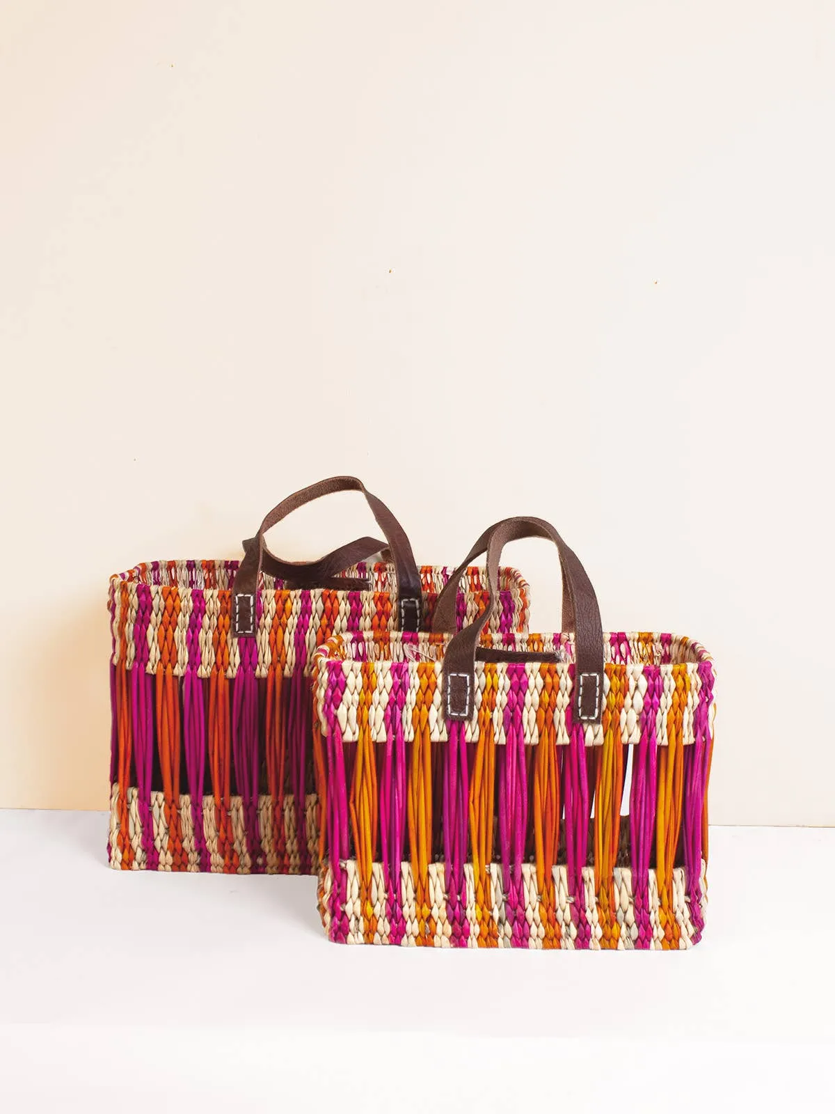 Decorative Reed Basket, Pink and Orange Stripe