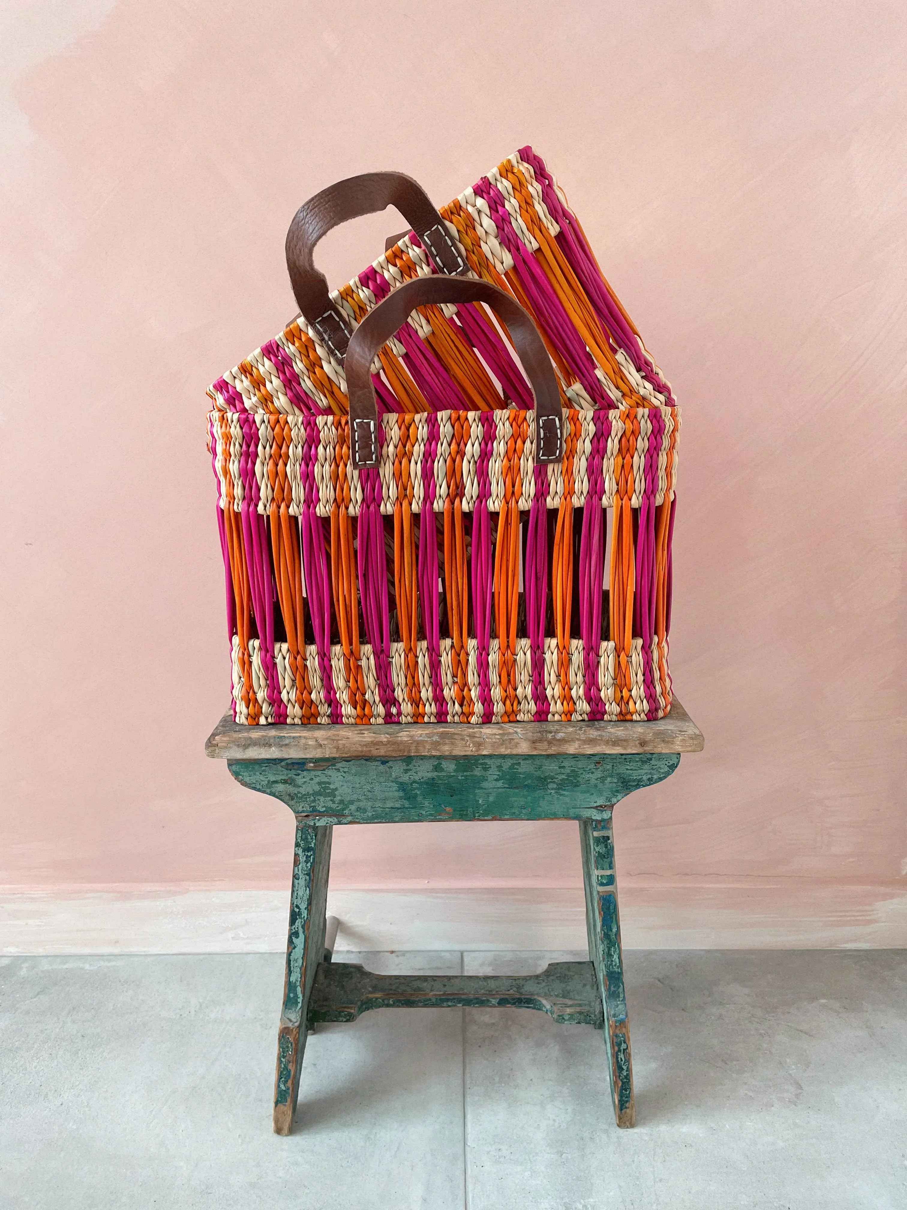 Decorative Reed Basket, Pink and Orange Stripe