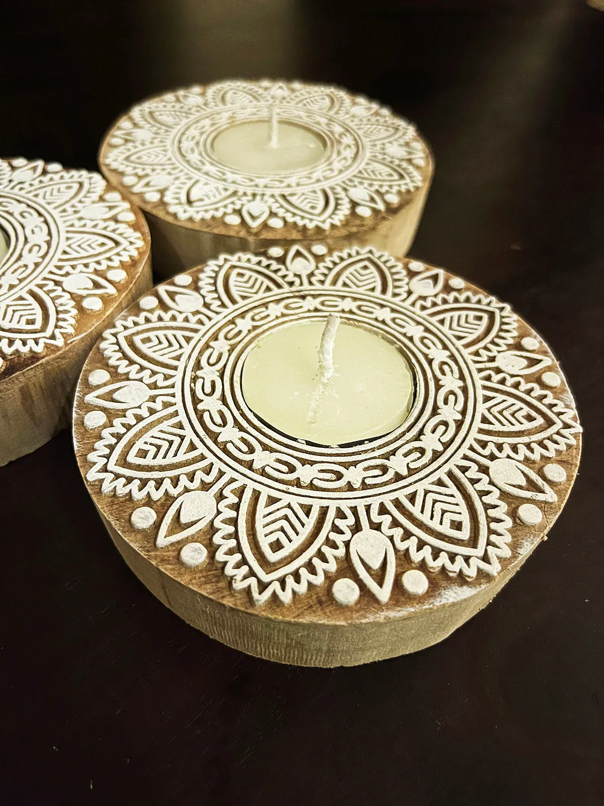 Handcrafted Wooden Tealight holders Round Design Set Of 2