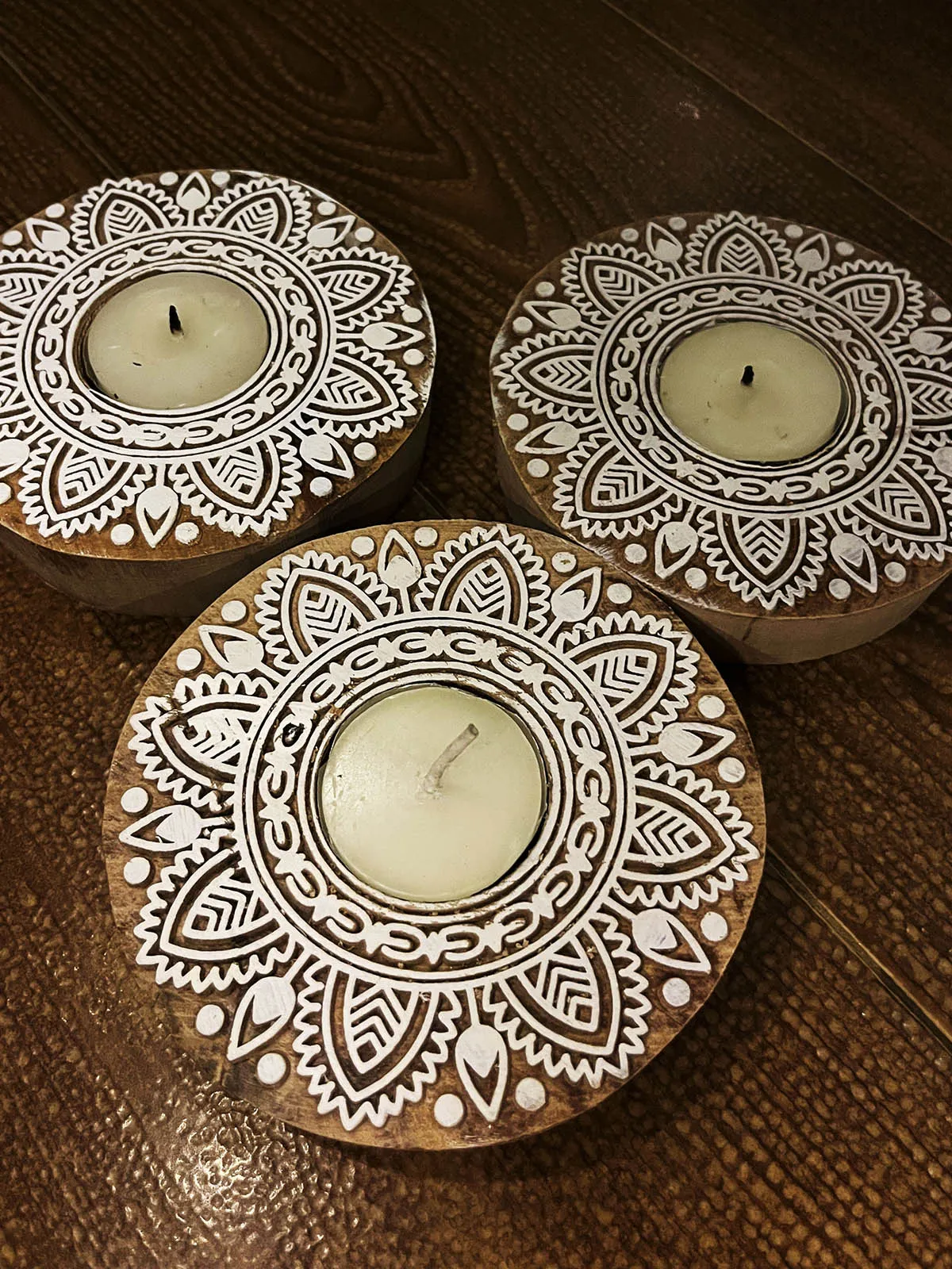 Handcrafted Wooden Tealight holders Round Design Set Of 2