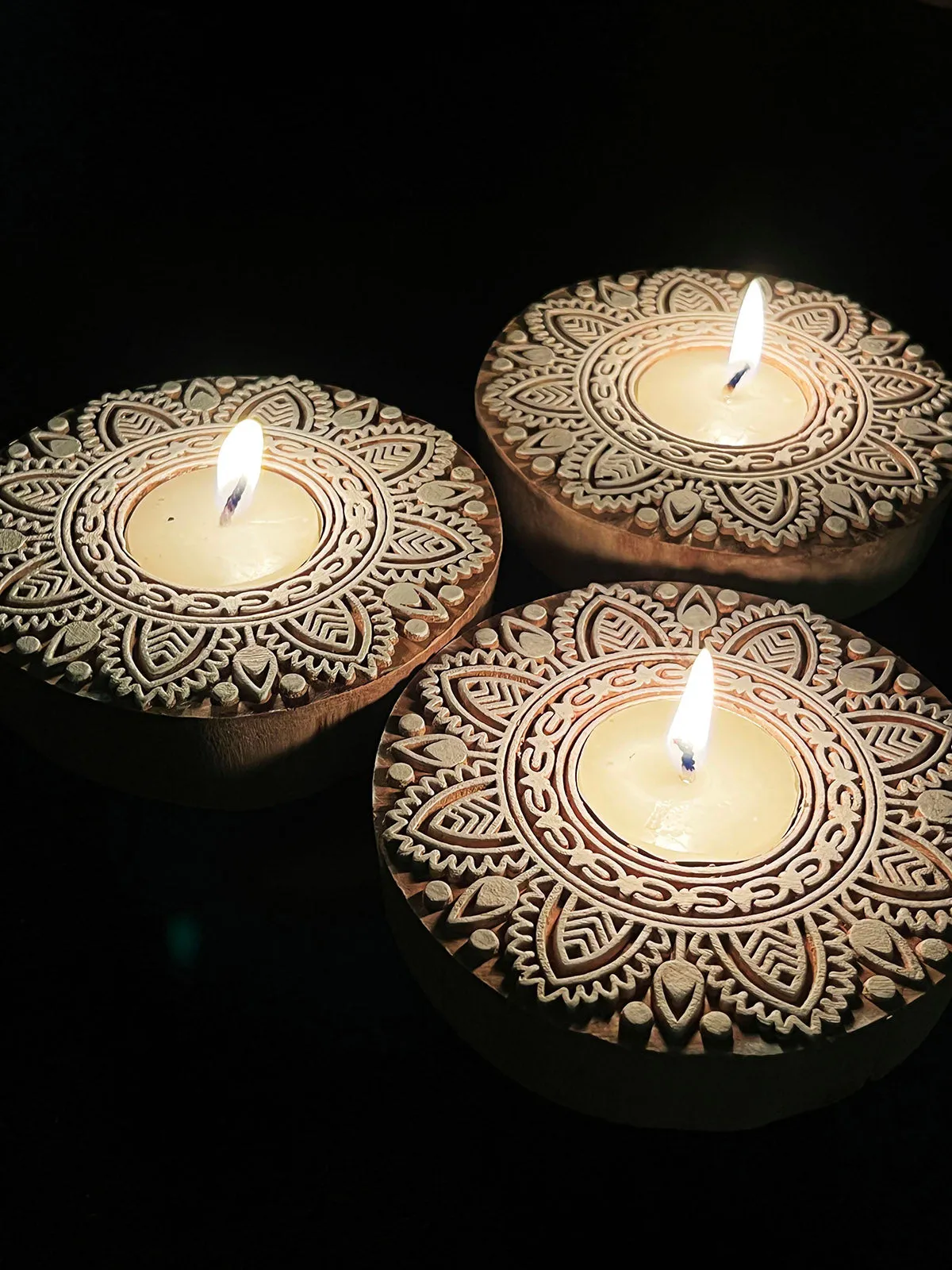 Handcrafted Wooden Tealight holders Round Design Set Of 2