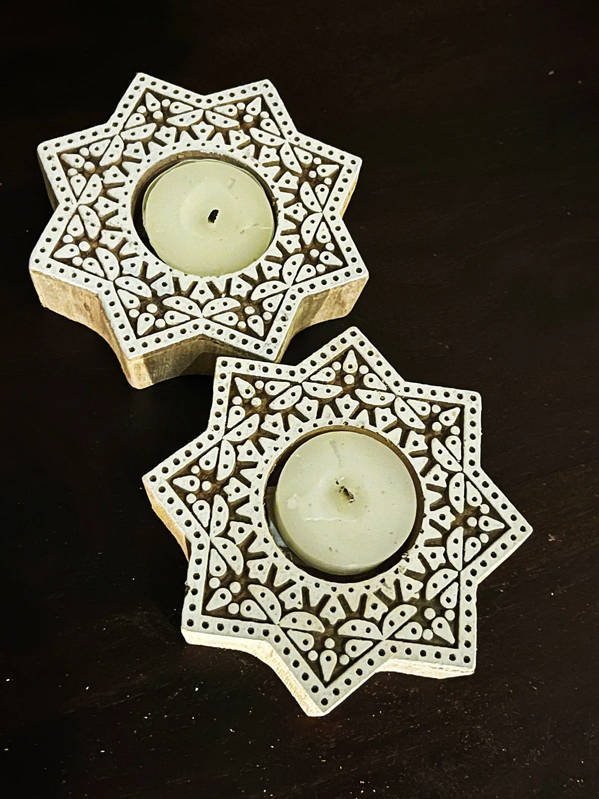 Handcrafted Wooden Tealight holders Star Design Set Of 2