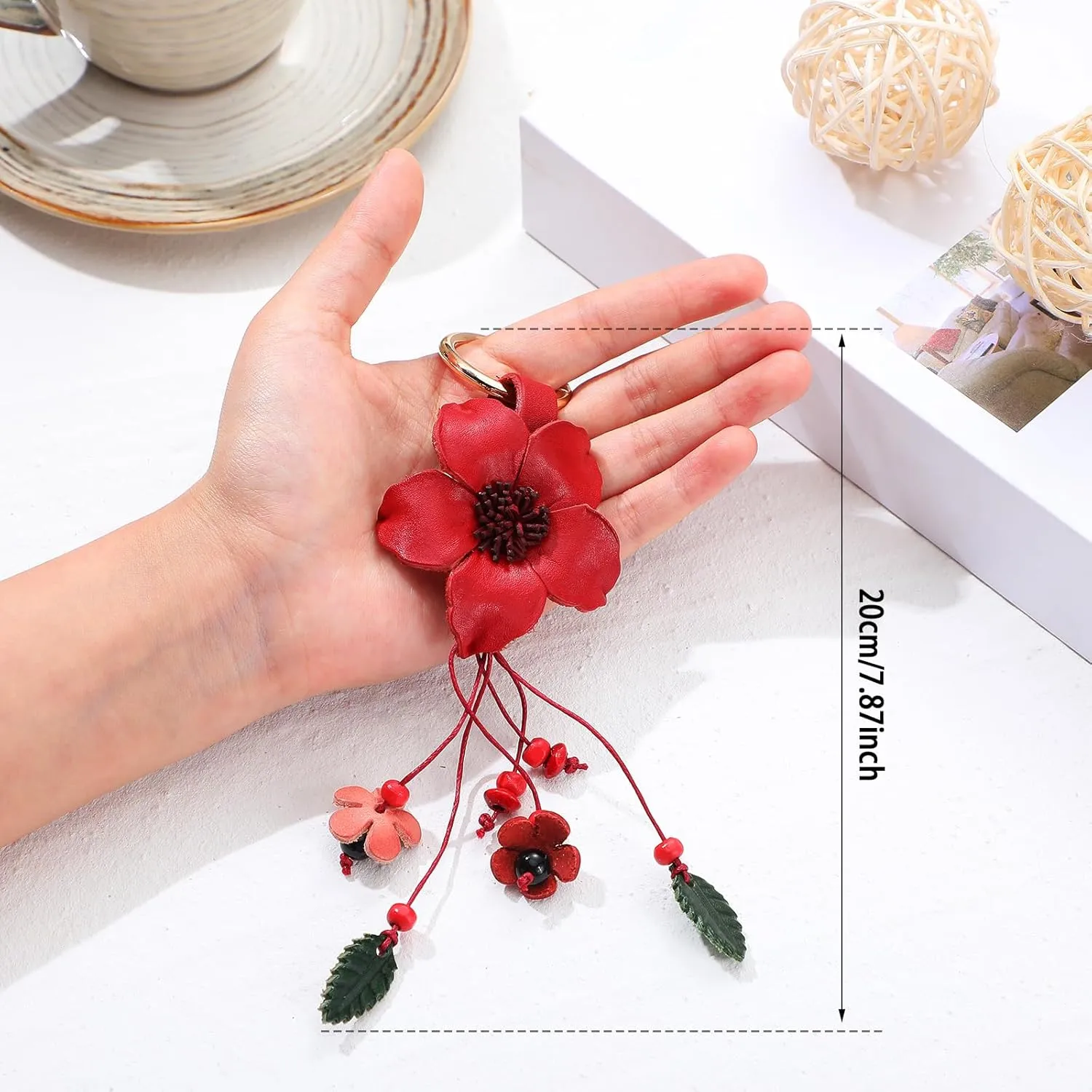 Inbagi Leather Leaf Flower Tassel Keychain Boho Accessories Cute Keychains for Women Wallet Bag Purse Ring Pendant Charms