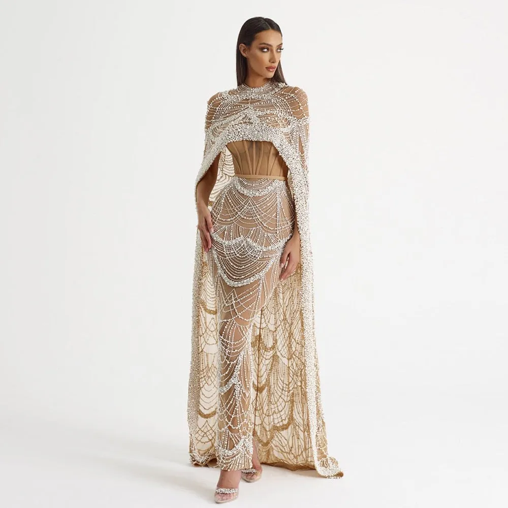 Luxury Pearls Champagne Evening Dress with Cape SS369