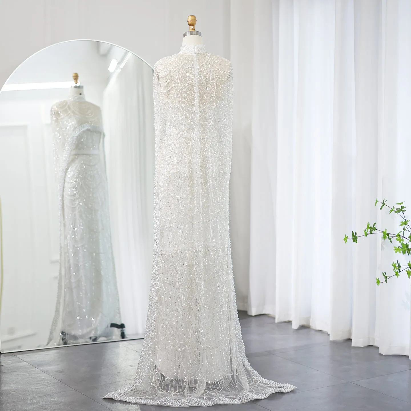 Luxury Pearls Champagne Evening Dress with Cape SS369