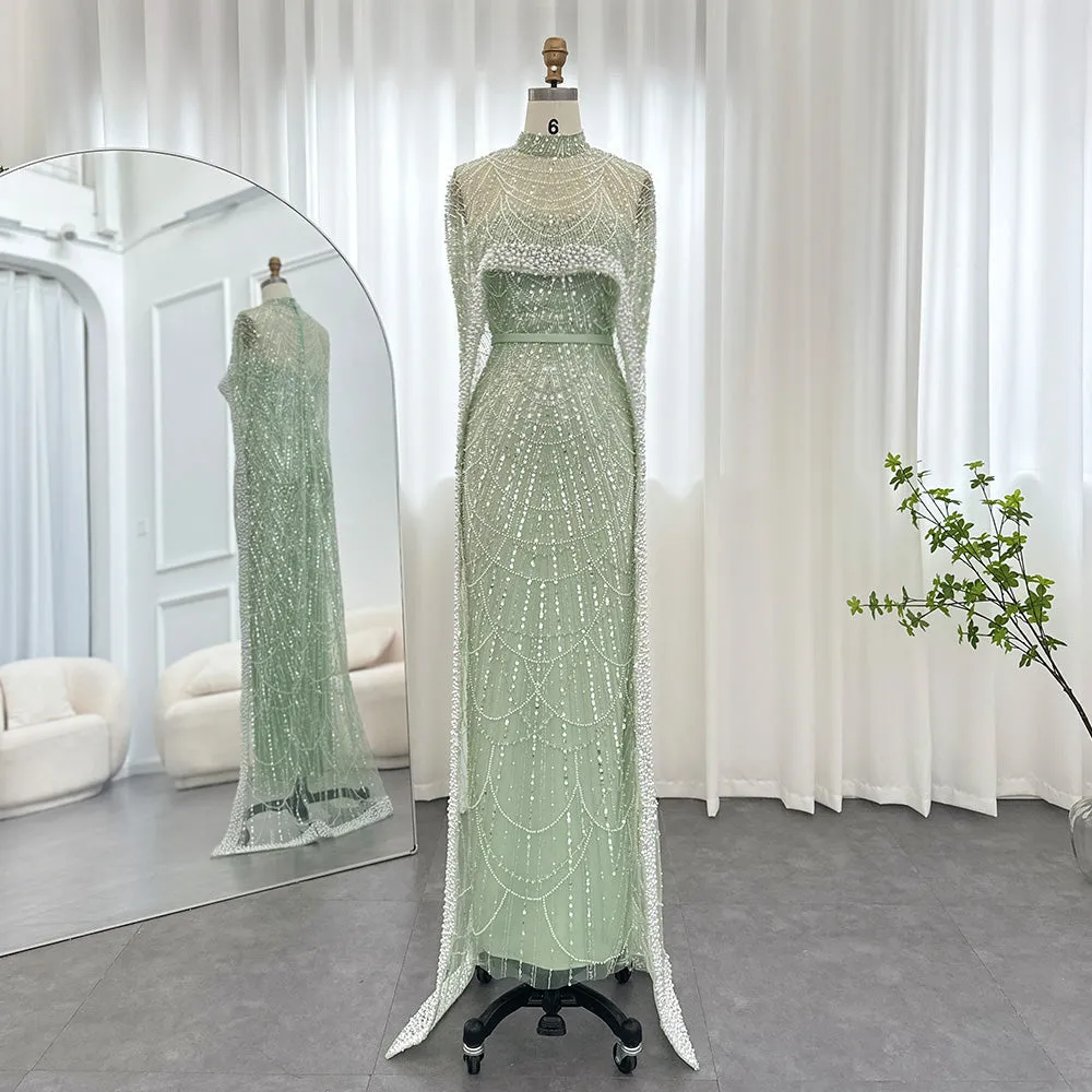 Luxury Pearls Champagne Evening Dress with Cape SS369
