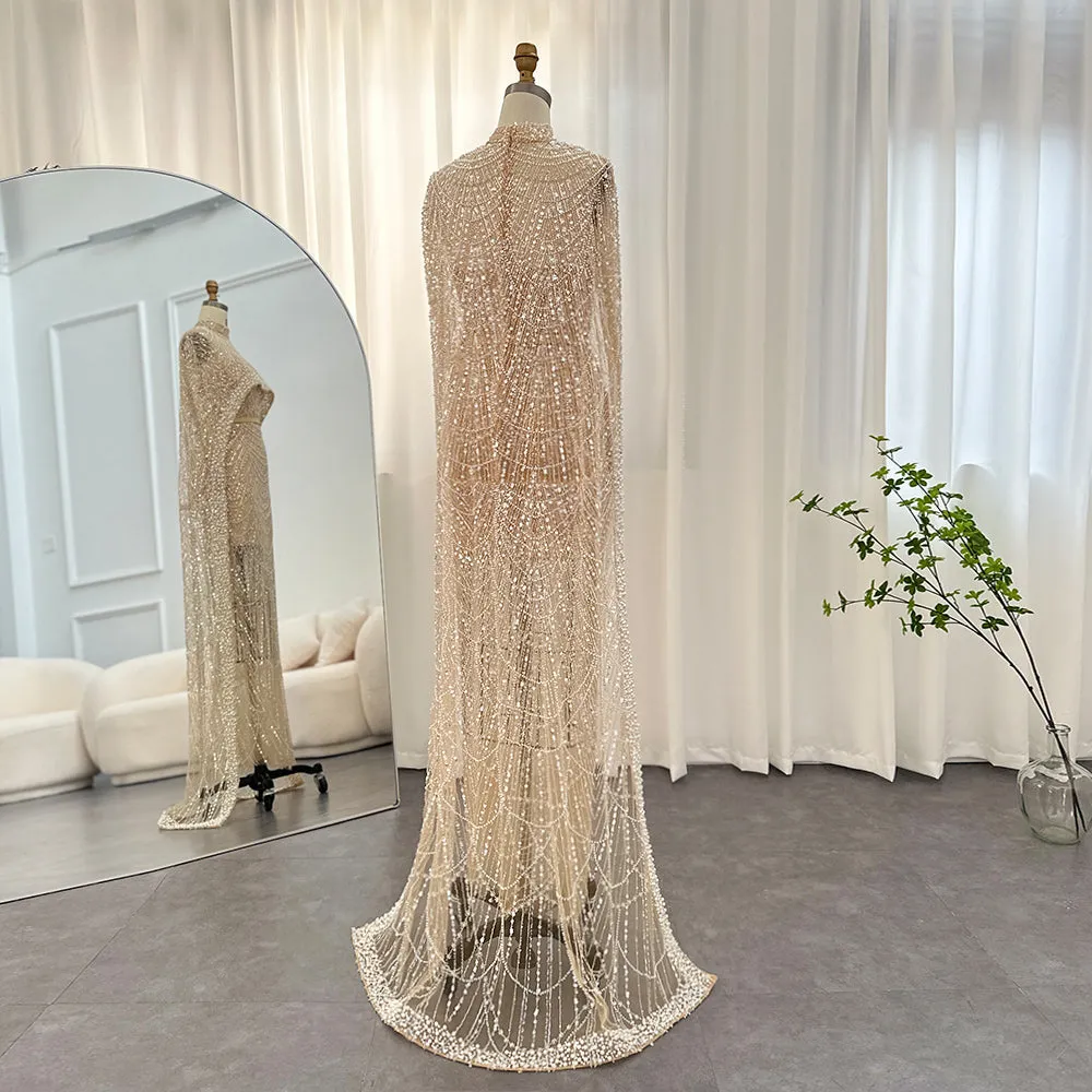 Luxury Pearls Champagne Evening Dress with Cape SS369