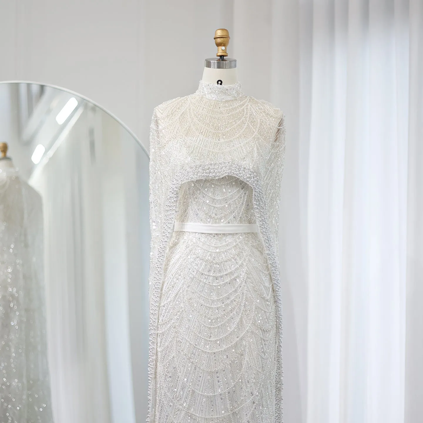 Luxury Pearls Champagne Evening Dress with Cape SS369