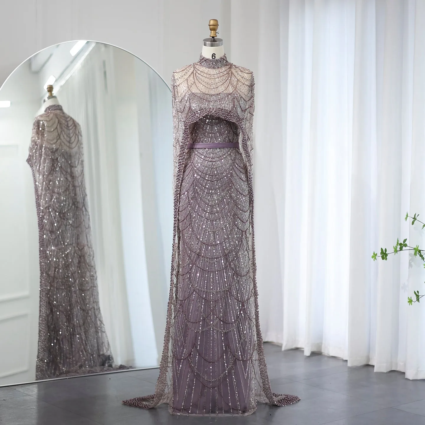 Luxury Pearls Champagne Evening Dress with Cape SS369