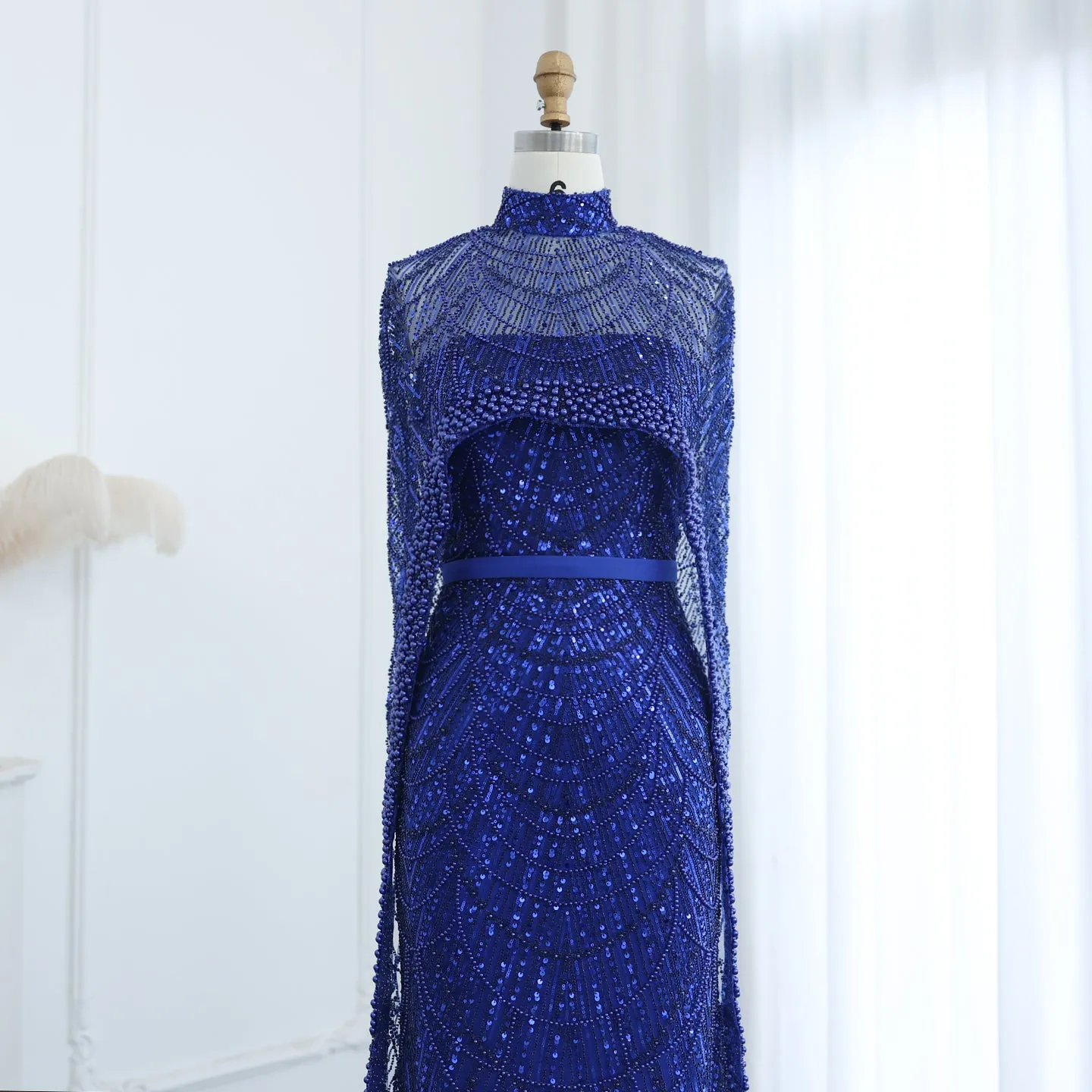 Luxury Pearls Champagne Evening Dress with Cape SS369