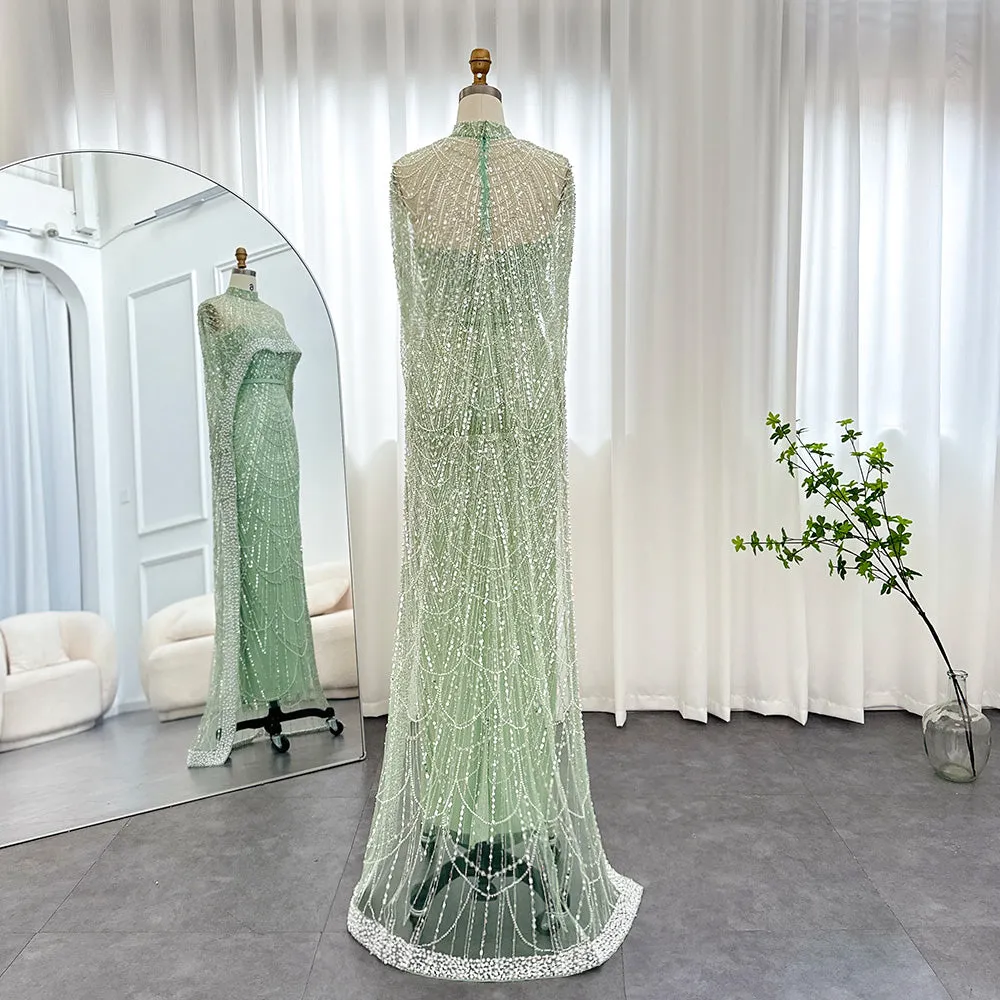 Luxury Pearls Champagne Evening Dress with Cape SS369