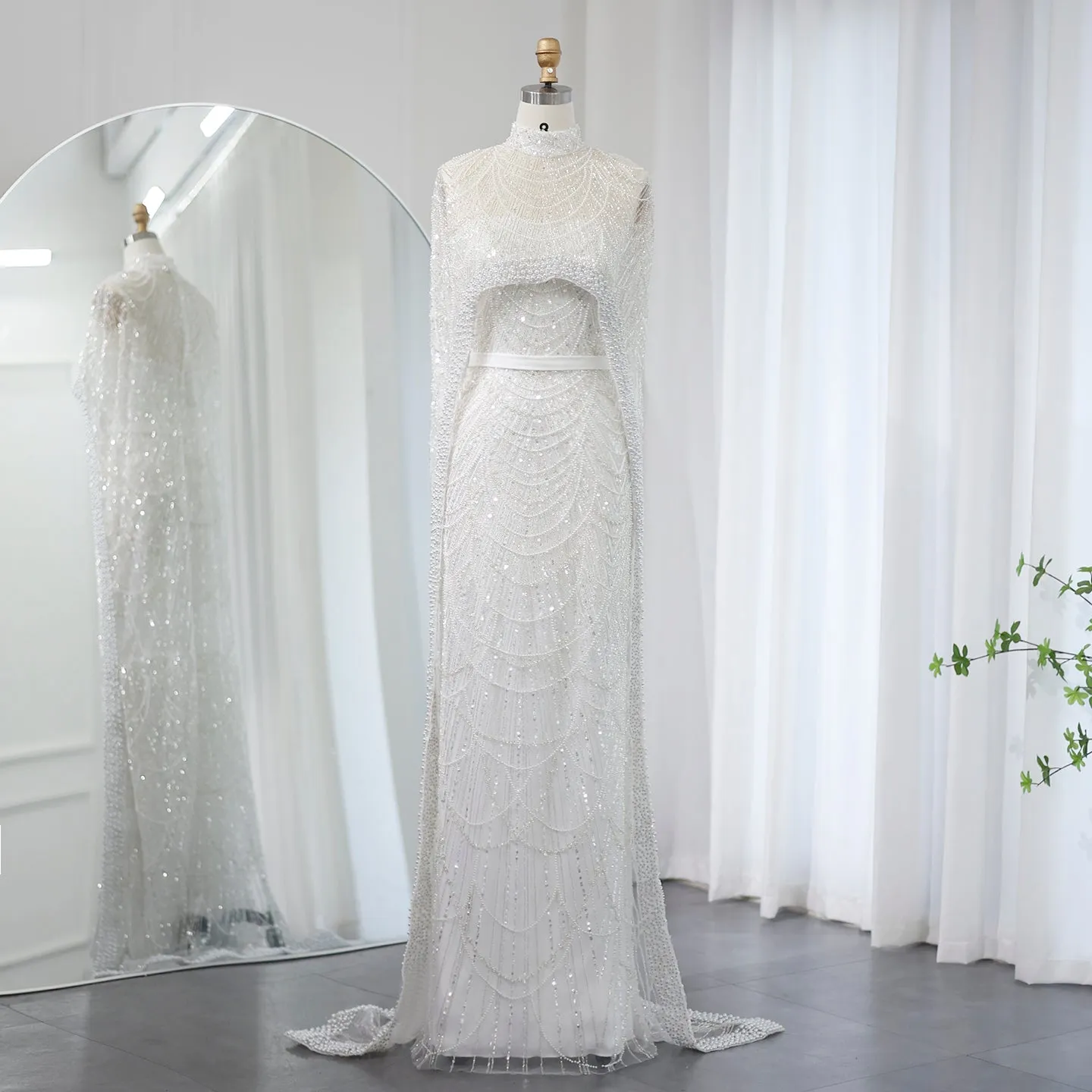 Luxury Pearls Champagne Evening Dress with Cape SS369