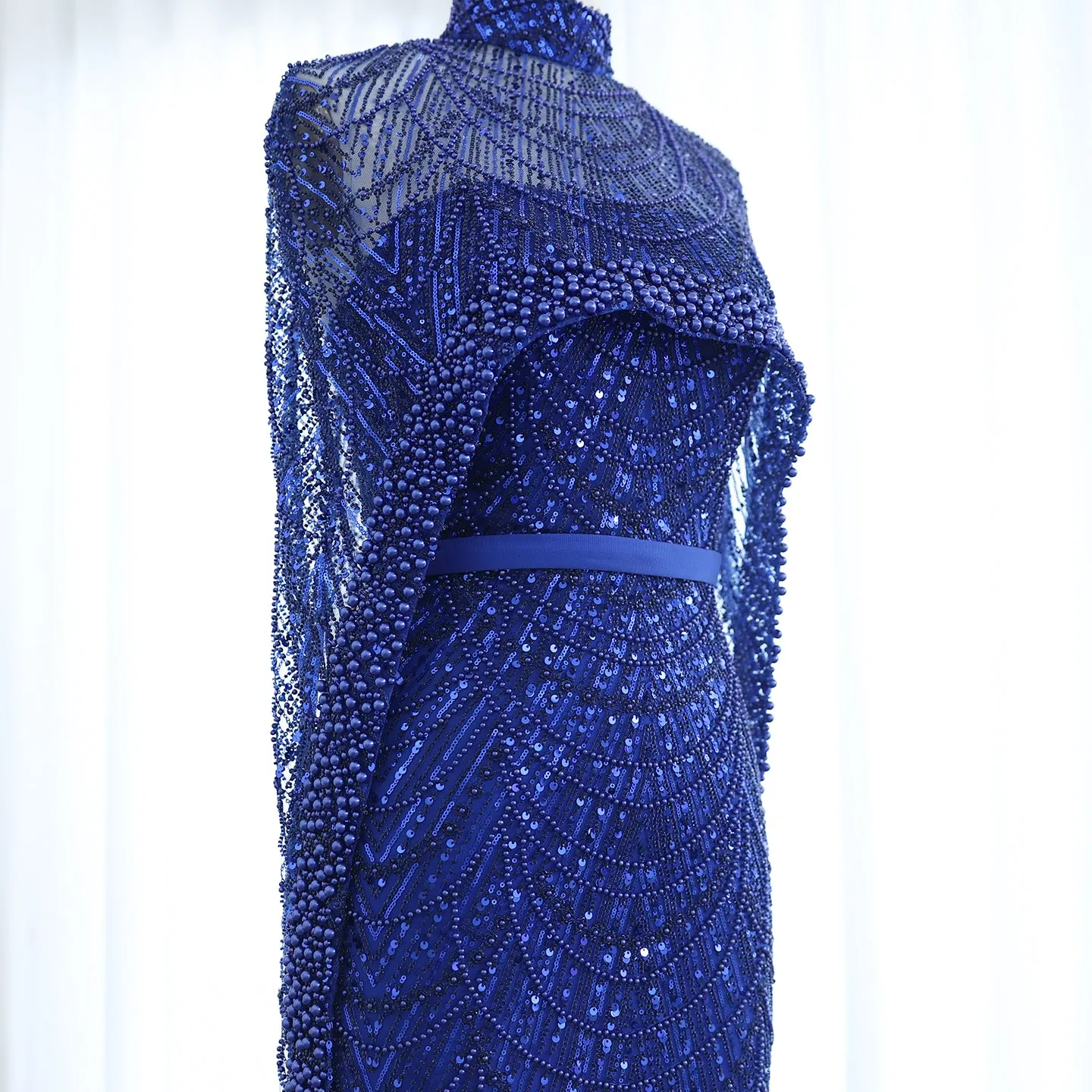 Luxury Pearls Champagne Evening Dress with Cape SS369