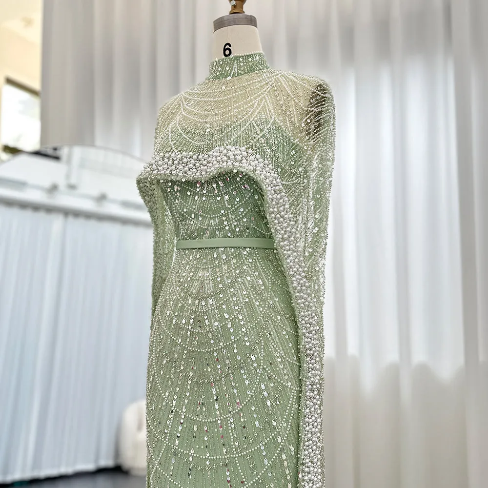 Luxury Pearls Champagne Evening Dress with Cape SS369