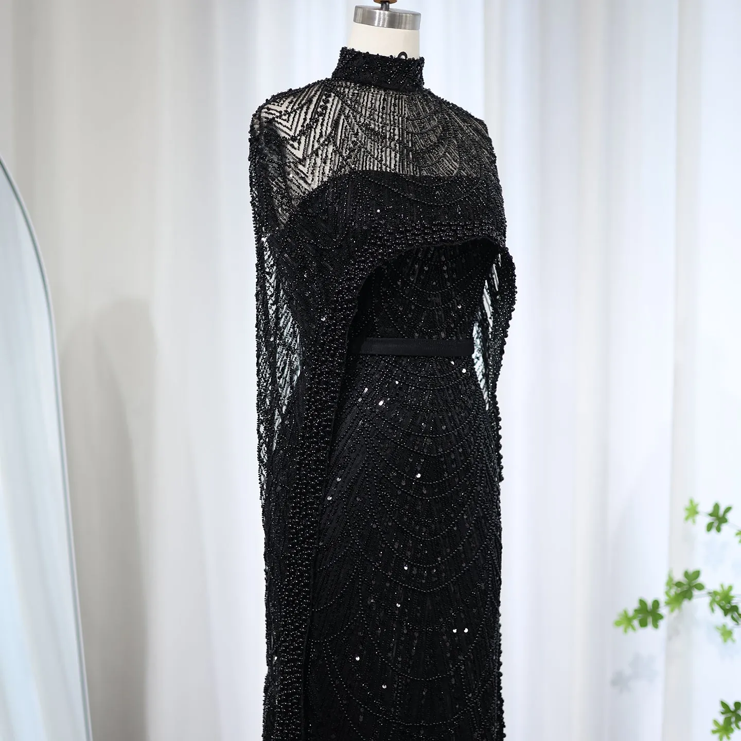Luxury Pearls Champagne Evening Dress with Cape SS369