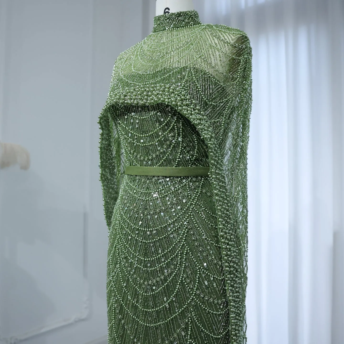 Luxury Pearls Champagne Evening Dress with Cape SS369