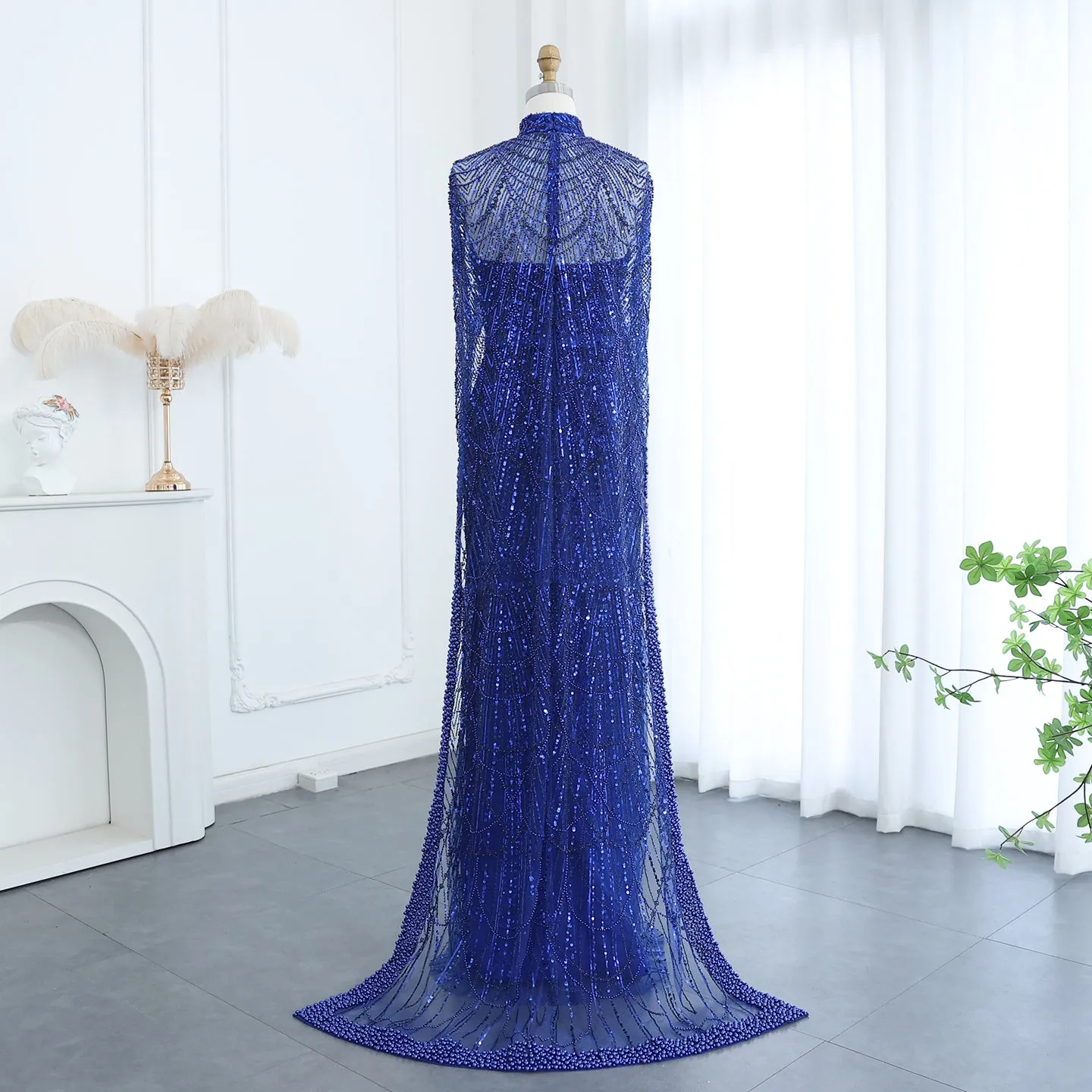 Luxury Pearls Champagne Evening Dress with Cape SS369