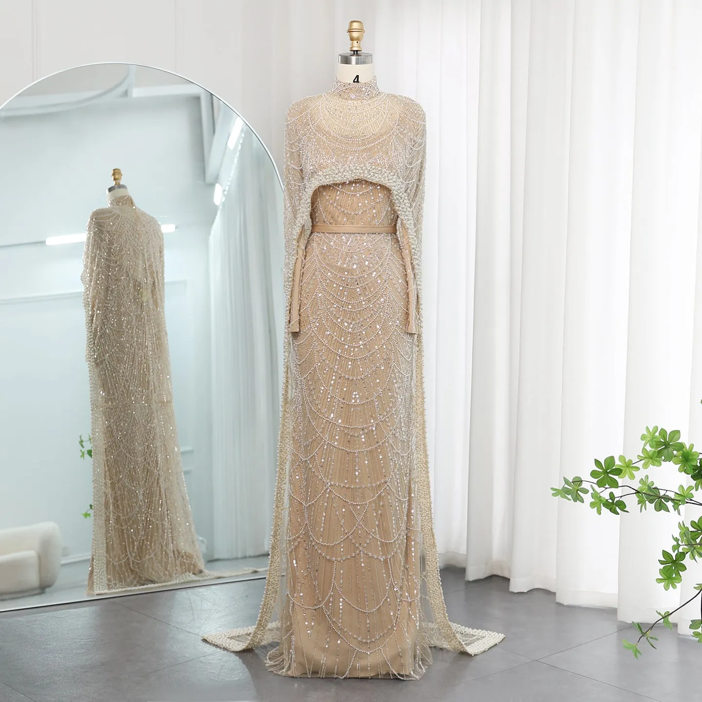 Luxury Pearls Champagne Evening Dress with Cape SS369