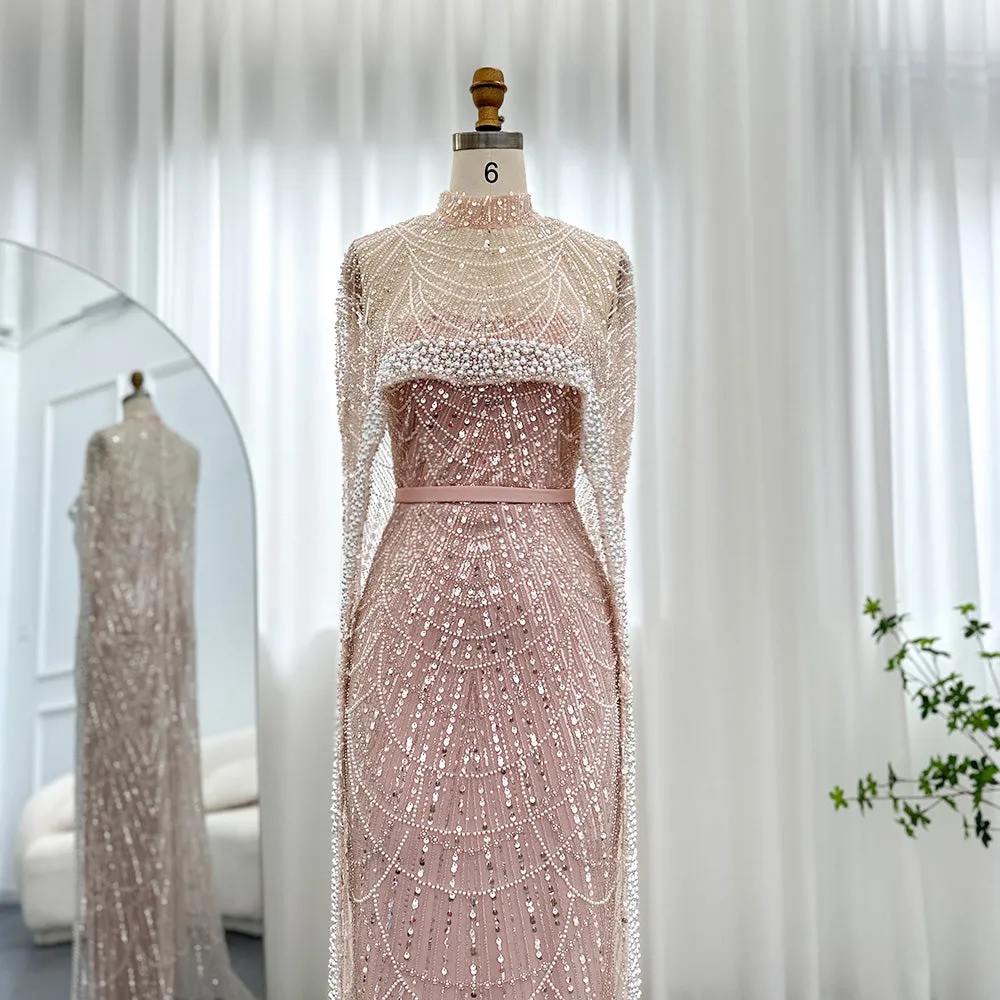 Luxury Pearls Champagne Evening Dress with Cape SS369