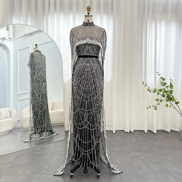 Luxury Pearls Champagne Evening Dress with Cape SS369